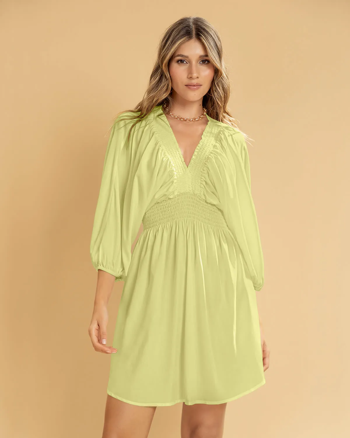 Vestido corto manga 3/4 con elástico en cintura