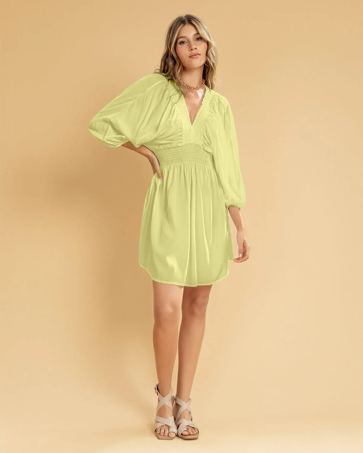 Vestido corto manga 3/4 con elástico en cintura